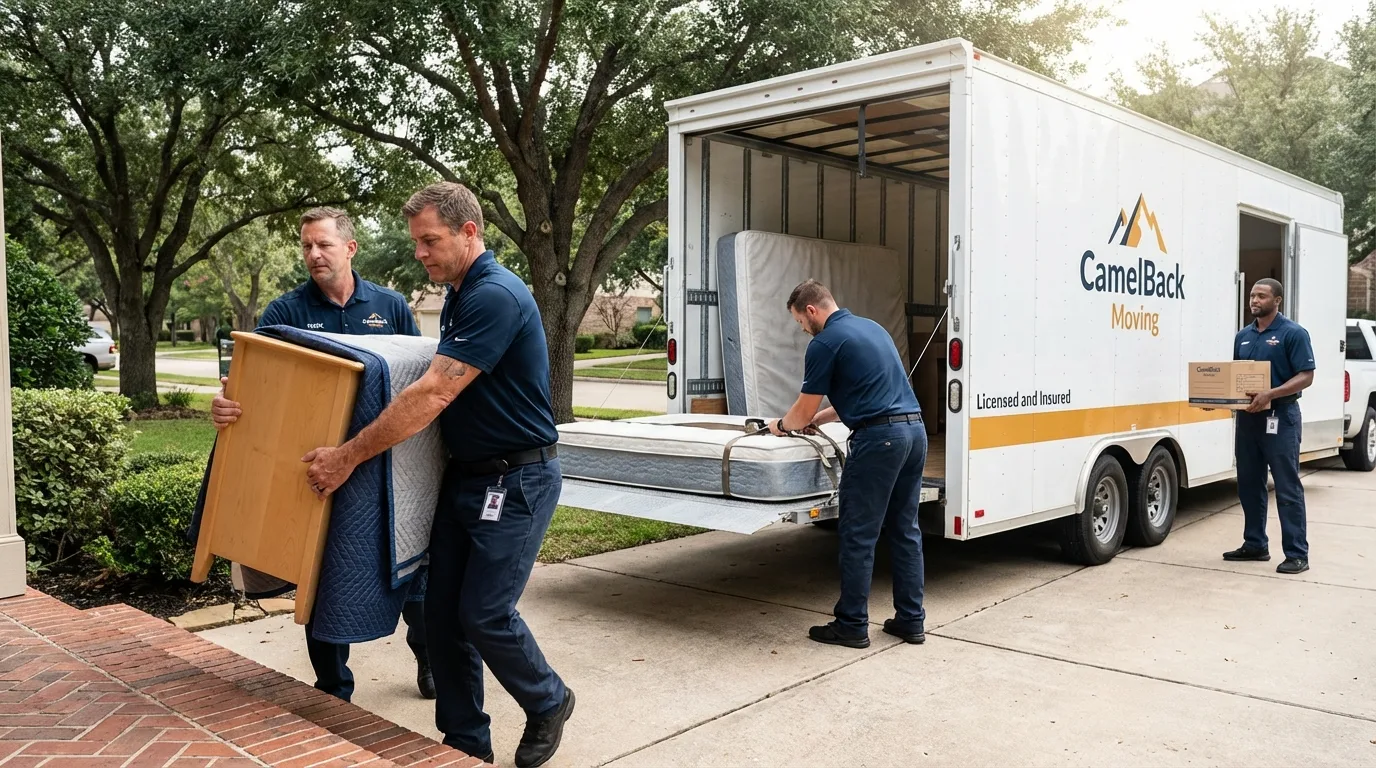 Crew loading residential truck for cross-state move from Bonduel, WI