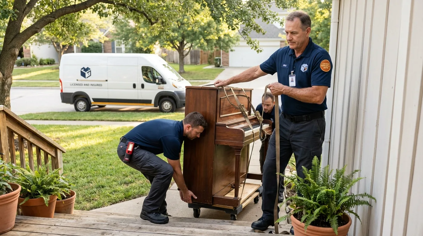 Licensed piano movers securing grand piano in Bonduel, WI