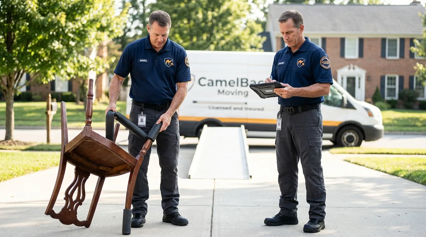 Movers inspecting furniture for damage prevention before loading in Bonduel, WI