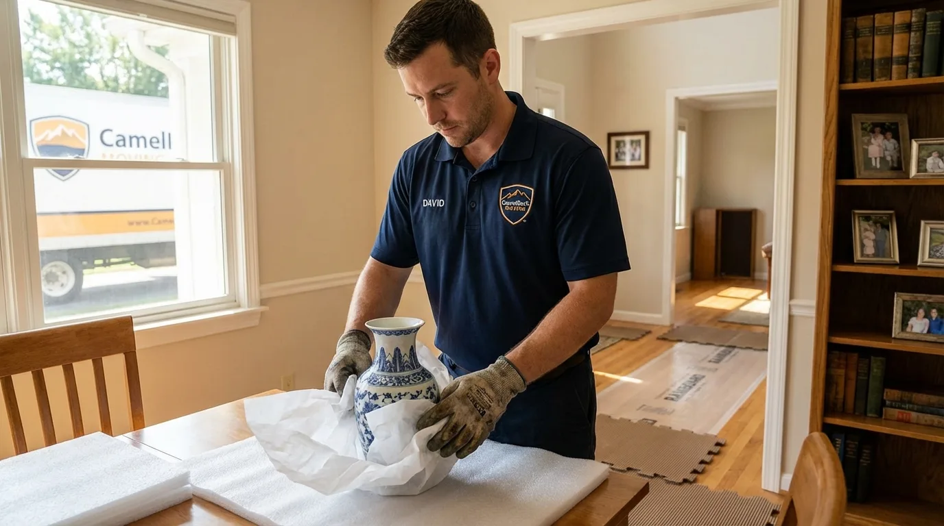 Professional crew carefully wrapping antique vase for senior downsizing move in Bonduel, WI